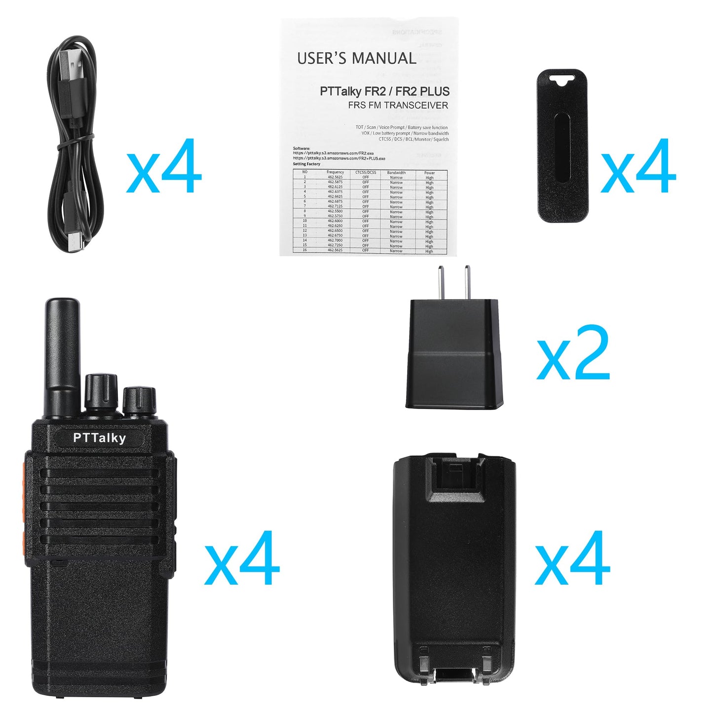 PTTalky FR2 Walkie Talkies Long Range, Rechargeable Handheld Walkie Talkies for Adults, USB-C Charging, VOX, License Free,for Trip Hiking Cruise Camping 4 Pack Black