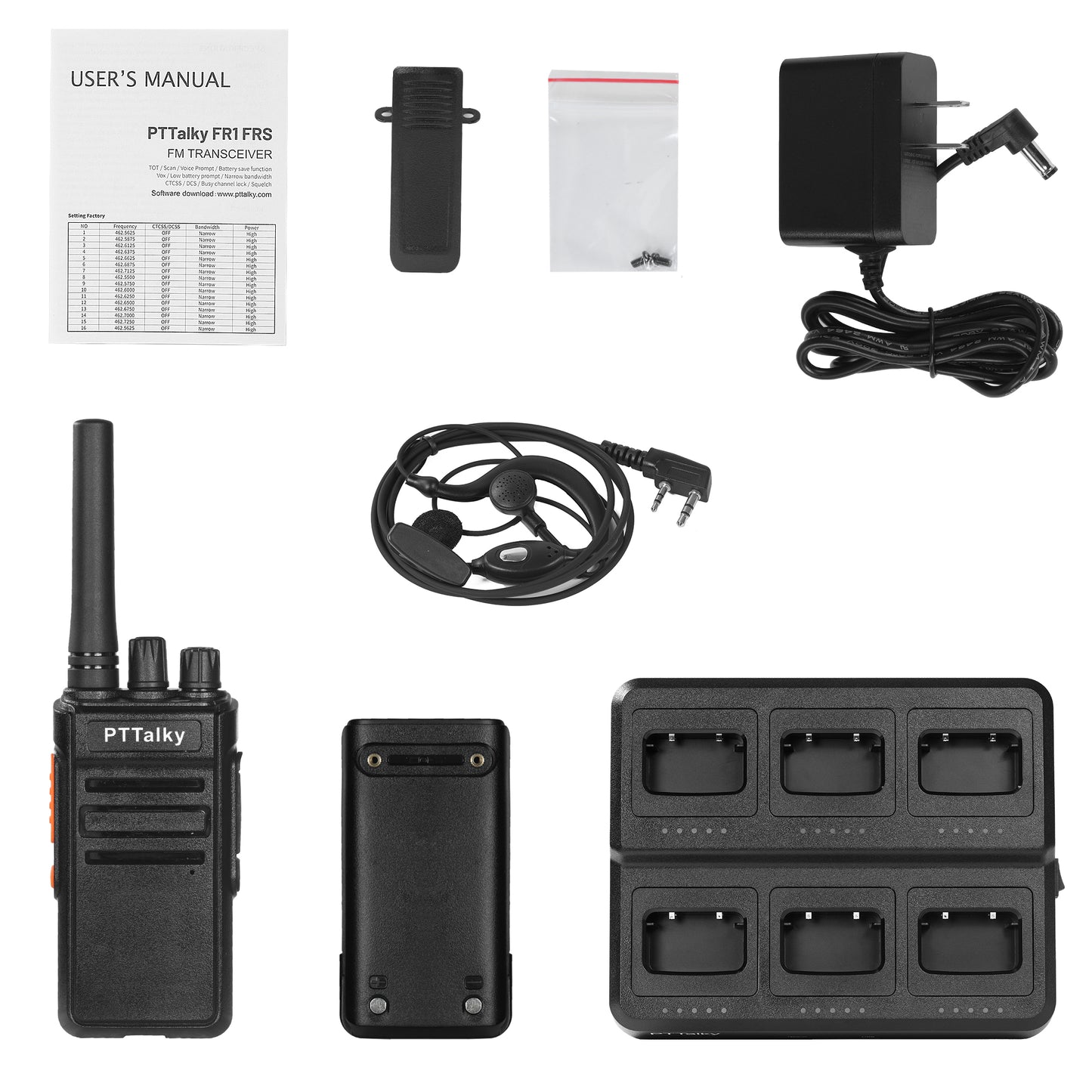 PTTalky FR1 PLUS Walkie Talkies Long Range, Rechargeable 2 Way Radio with 6-Way Multi Unit Charger for School Business Warehouse Restaurant