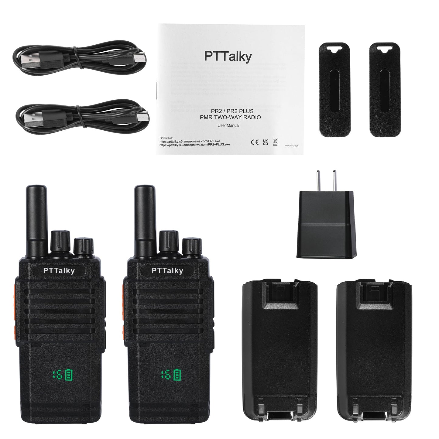 PTTalky FR2 PLUS Walkie Talkies Long Range,Rechargeable Handheld Walkie Talkies for Adults, USB-C Charging, VOX, for Road Trip Hiking Cruise Camping 2 Pack