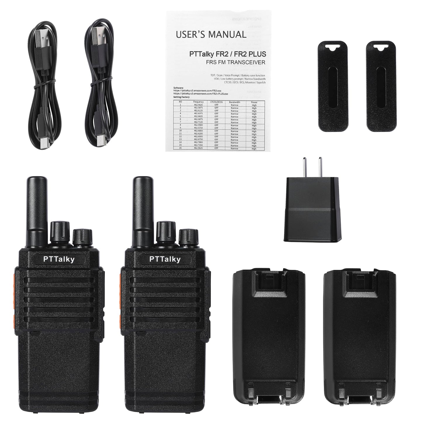 PTTalky FR2 Walkie Talkies Long Range, Rechargeable Handheld Walkie Talkies for Adults, USB-C Charging, VOX, License Free, for Road Trip Hiking Cruise Camping 2 Pack Black