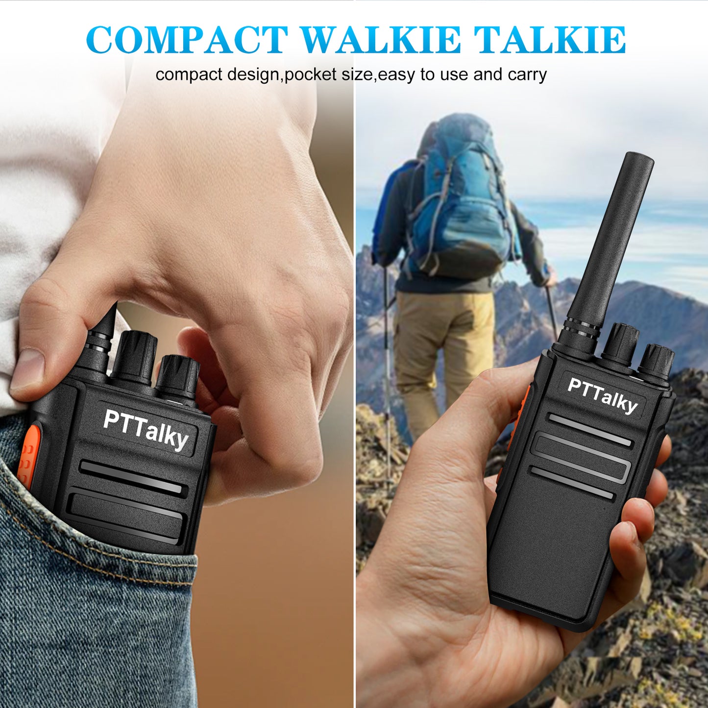 PTTalky FR1 Walkie Talkies, Rechargeable 2 Way Radio 16 CH Hands Free with USB-C Charger for Family School Church Restaurant(2 Pack)