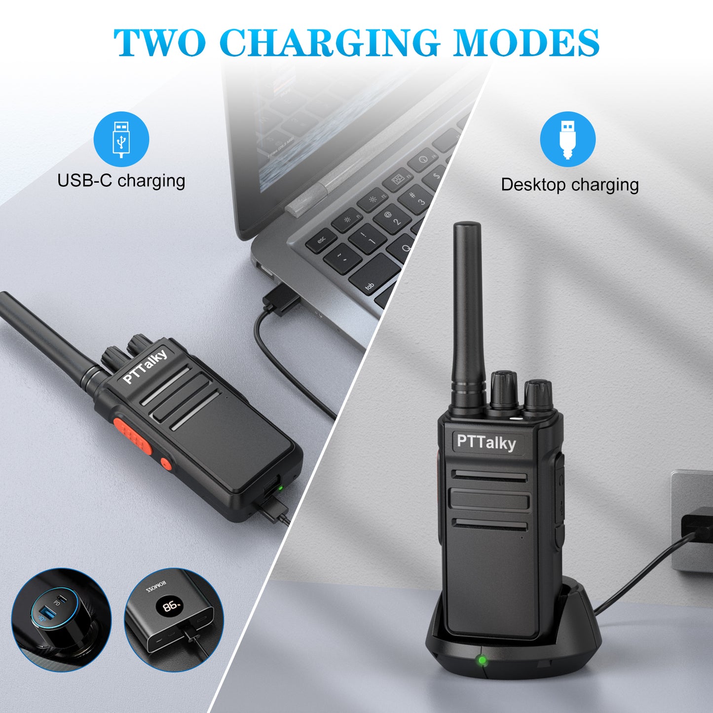 PTTalky FR1 Walkie Talkies, Rechargeable 2 Way Radio 16 CH Hands Free with USB-C Charger for Family School Church Restaurant(2 Pack)