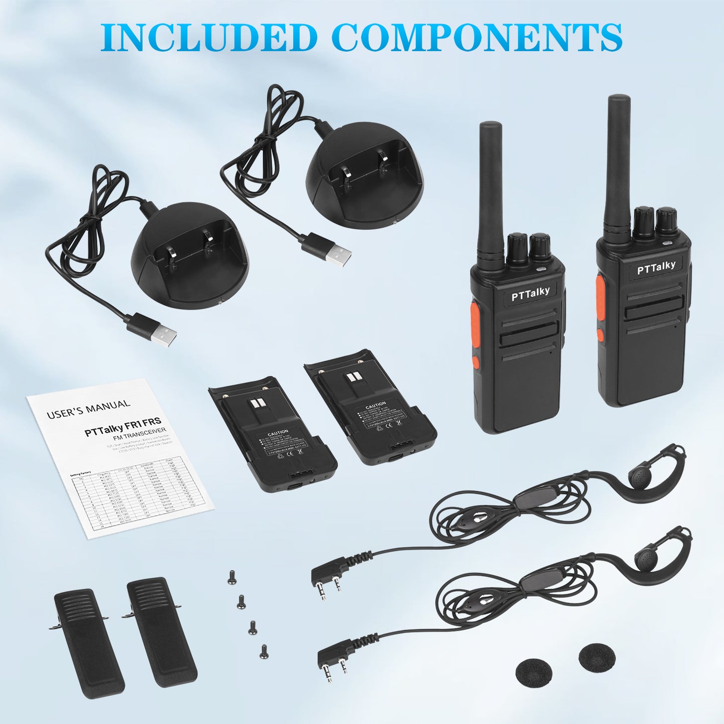 PTTalky FR1 Walkie Talkies Mini 2 Way Radio Long Range Rechargeable VOX Type-C Hands Free Two Way Radios,Earpieces for Road Trip Gifts Skiing(2 Pack)