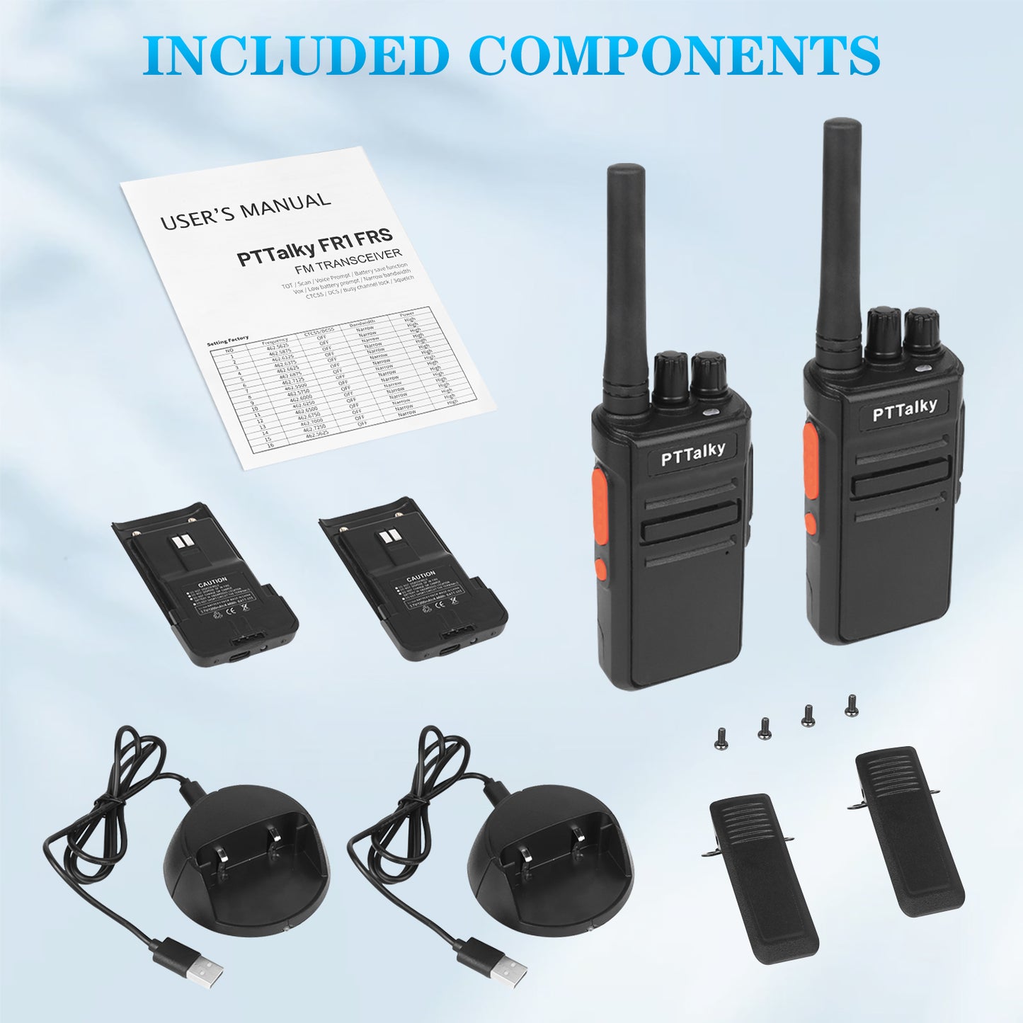PTTalky FR1 Walkie Talkies, Rechargeable 2 Way Radio 16 CH Hands Free with USB-C Charger for Family School Church Restaurant(2 Pack)