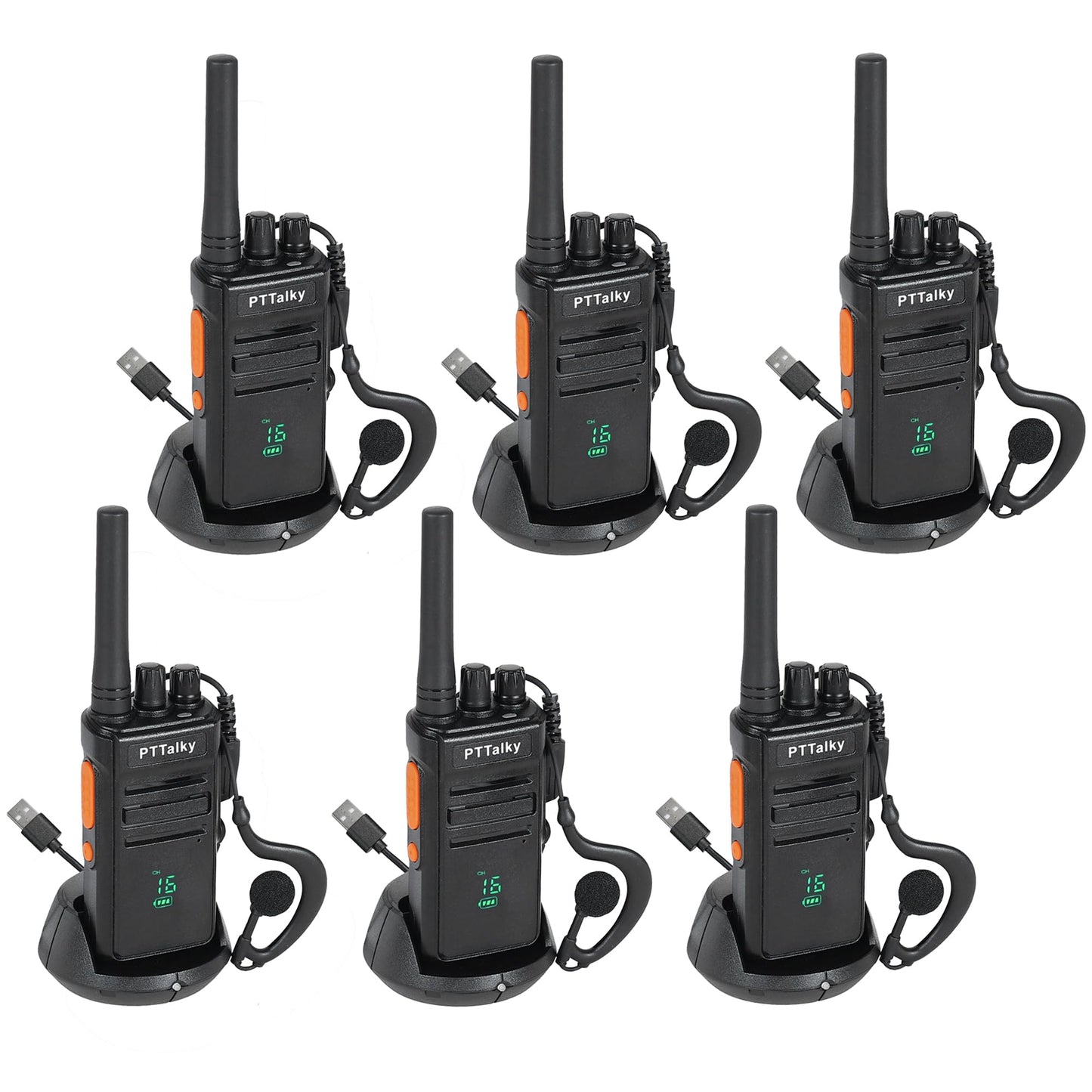 PTTalky FR1 Plus Walkie Talkies Long Range,Rechargeable 2 Way Radio for School Business Warehouse Restaurant (Black, 6 Pack)