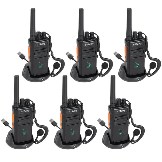 PTTalky FR1 Plus Walkie Talkies Long Range,Rechargeable 2 Way Radio for School Business Warehouse Restaurant (Black, 6 Pack)