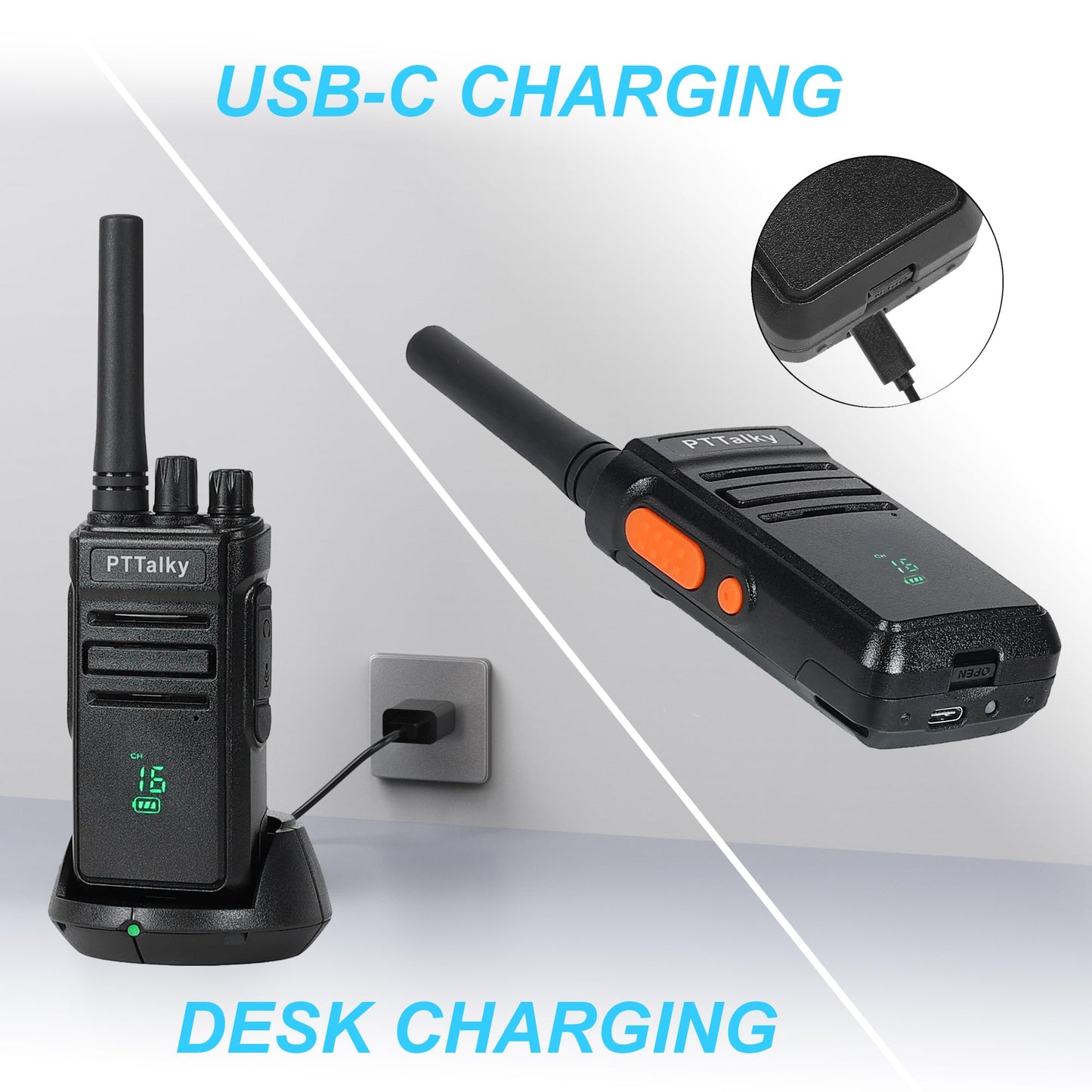 PTTalky FR1 Plus Walkie Talkies Long Range,Rechargeable 2 Way Radio for School Business Warehouse Restaurant (Black, 6 Pack)