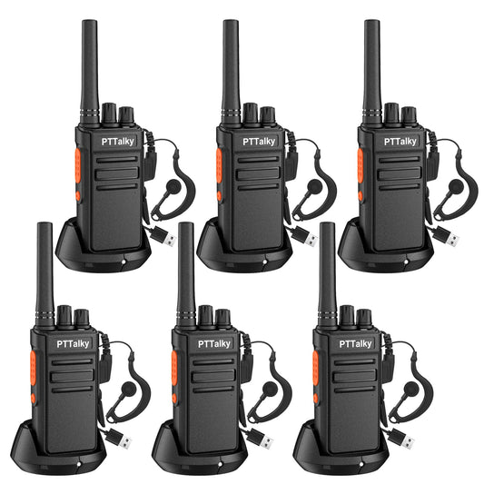 PTTalky FR1 Two Way Radios Long Range Walkie Talkies for Adults 16 Channel Handheld 2 Way Radio Rechargeable VOX Hands-Free with Type-C Charger, Earpieces for Warehouse (6 Pack)