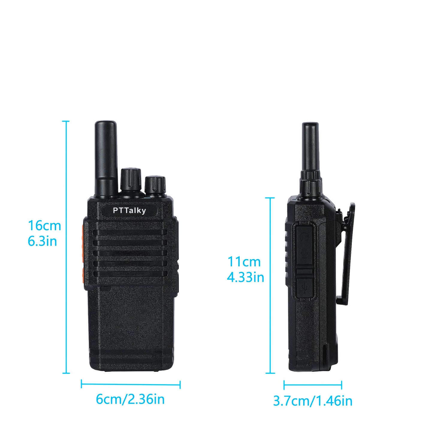 PTTalky FR2 Walkie Talkies Long Range, Rechargeable Handheld Walkie Talkies for Adults, USB-C Charging, VOX, License Free, for Road Trip Hiking Cruise Camping 2 Pack Black