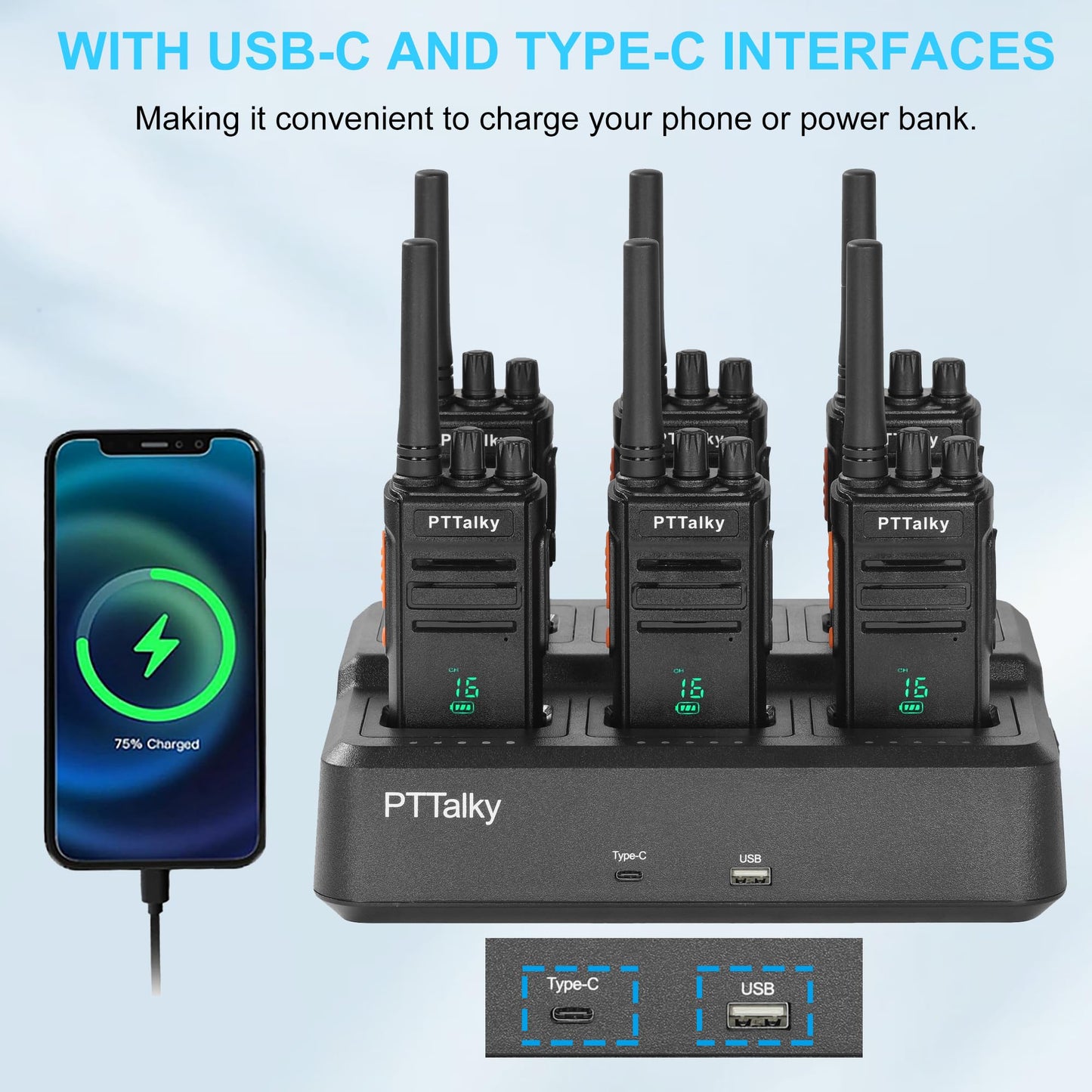 PTTalky FR1 PLUS Walkie Talkies Long Range, Rechargeable 2 Way Radio with 6-Way Multi Unit Charger for School Business Warehouse Restaurant