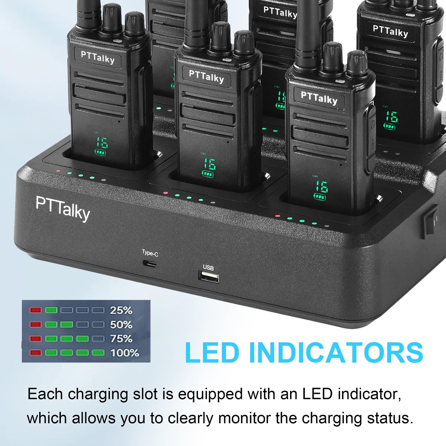 PTTalky FR1 PLUS Walkie Talkies Long Range, Rechargeable 2 Way Radio with 6-Way Multi Unit Charger for School Business Warehouse Restaurant