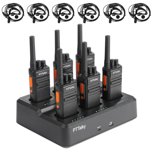 PTTalky FR1 Walkie Talkies Long Range Rechargeable Two Way Radios 6 Way Multi Gang Charger for Warehouse Restaurant Farm