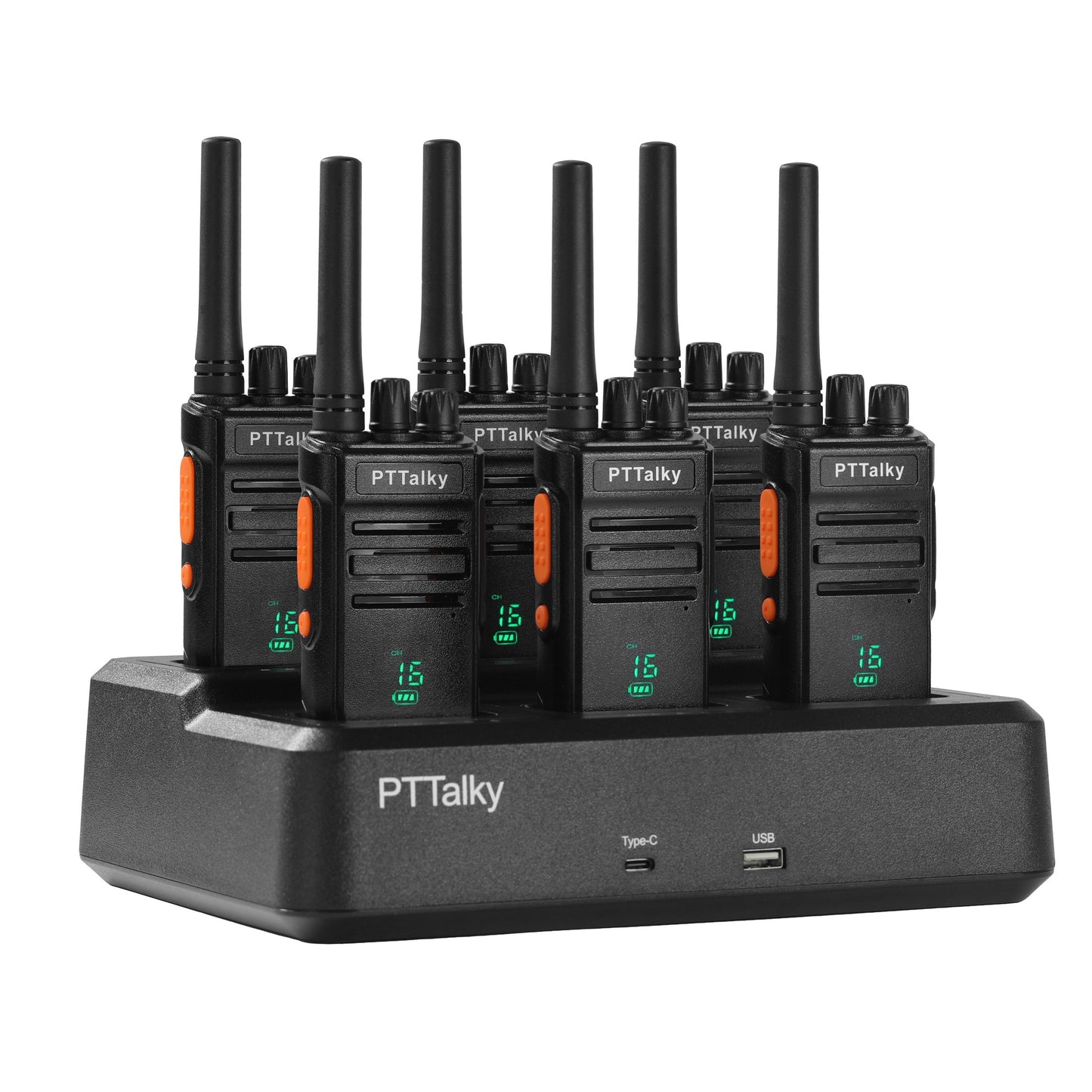 PTTalky FR1 PLUS Walkie Talkies Long Range, Rechargeable 2 Way Radio with 6-Way Multi Unit Charger for School Business Warehouse Restaurant