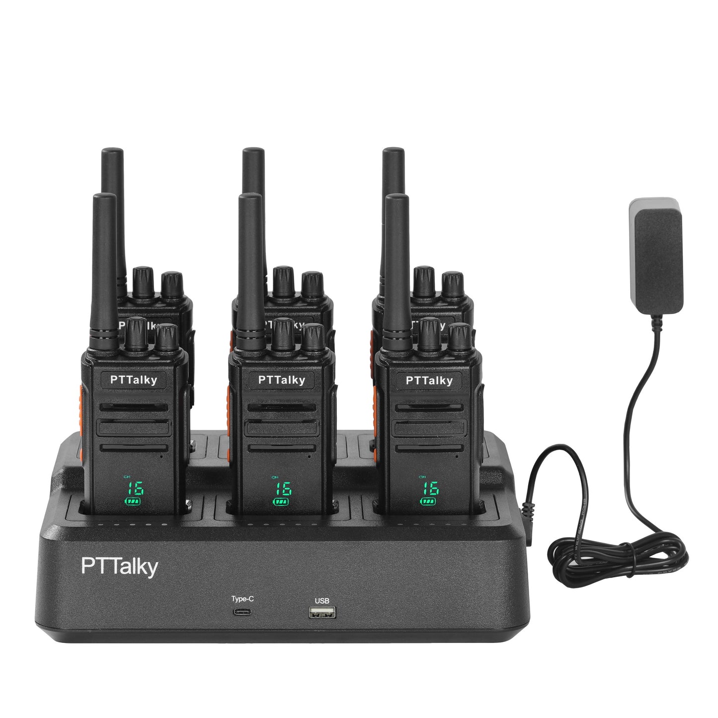 PTTalky FR1 PLUS Walkie Talkies Long Range, Rechargeable 2 Way Radio with 6-Way Multi Unit Charger for School Business Warehouse Restaurant