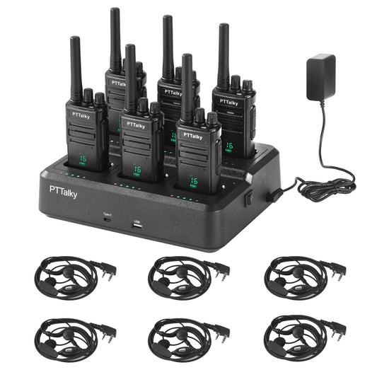 PTTalky FR1 PLUS Walkie Talkies Long Range, Rechargeable 2 Way Radio with 6-Way Multi Unit Charger for School Business Warehouse Restaurant
