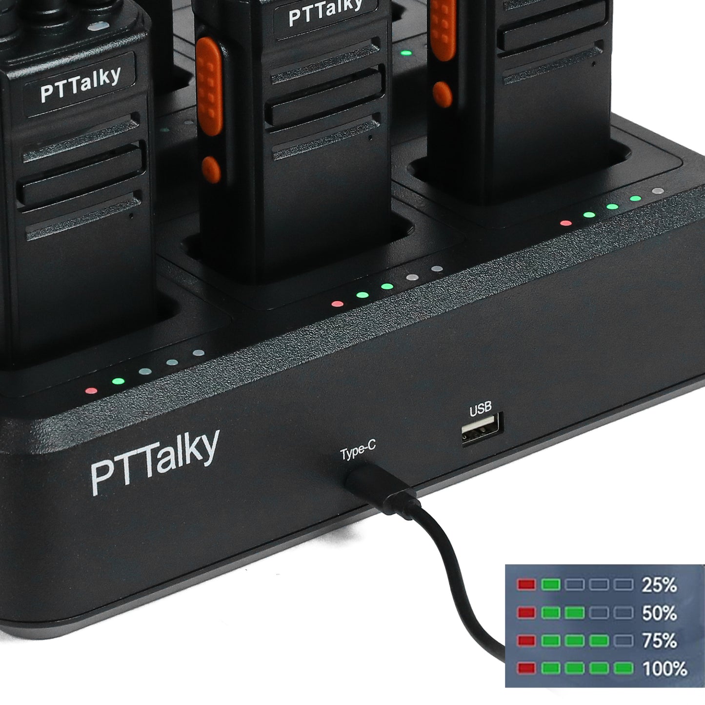 PTTalky FR1 Walkie Talkies Long Range Rechargeable Two Way Radios 6 Way Multi Gang Charger for Warehouse Restaurant Farm